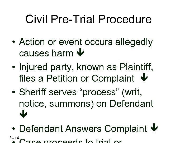 Civil Pre-Trial Procedure • Action or event occurs allegedly causes harm • Injured party,