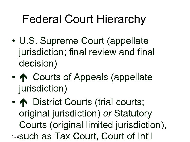 Federal Court Hierarchy • U. S. Supreme Court (appellate jurisdiction; final review and final