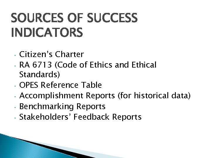 SOURCES OF SUCCESS INDICATORS • • • Citizen’s Charter RA 6713 (Code of Ethics
