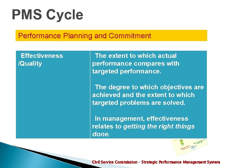 PMS Cycle Performance Planning and Commitment Effectiveness /Quality The extent to which actual performance