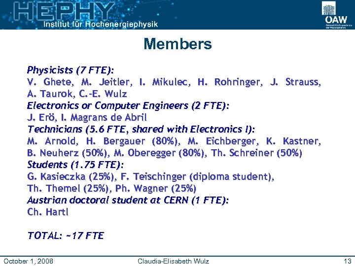 Members Physicists (7 FTE): V. Ghete, M. Jeitler, I. Mikulec, H. Rohringer, J. Strauss,