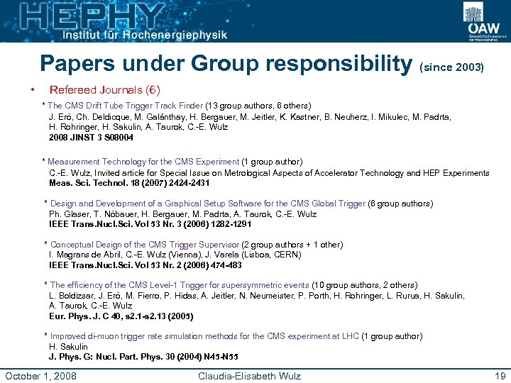 Papers under Group responsibility (since 2003) • Refereed Journals (6) * The CMS Drift
