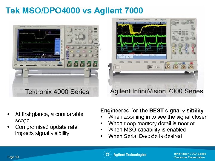 Tek MSO/DPO 4000 vs Agilent 7000 • • At first glance, a comparable scope.