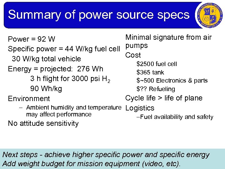 Summary of power source specs Power = 92 W Specific power = 44 W/kg