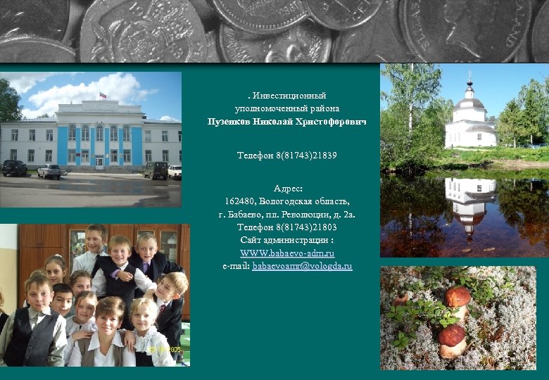 . Инвестиционный уполномоченный района Пузенков Николай Христофорович Телефон 8(81743)21839 Адрес: 162480, Вологодская область, г.