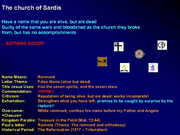 The church of Sardis Have a name that you are alive, but are dead