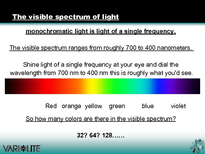 The visible spectrum of light monochromatic light is light of a single frequency. The