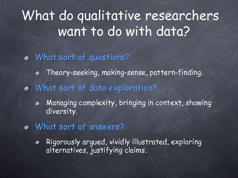 What do qualitative researchers want to do with data? What sort of questions? Theory-seeking,