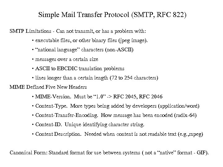 Simple Mail Transfer Protocol (SMTP, RFC 822) SMTP Limitations - Can not transmit, or