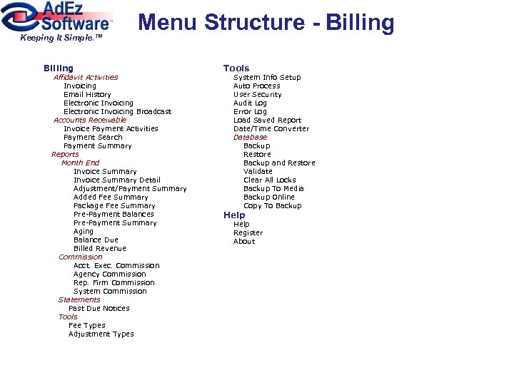 Keeping It Simple. ™ Billing Menu Structure - Billing Affidavit Activities Invoicing Email History