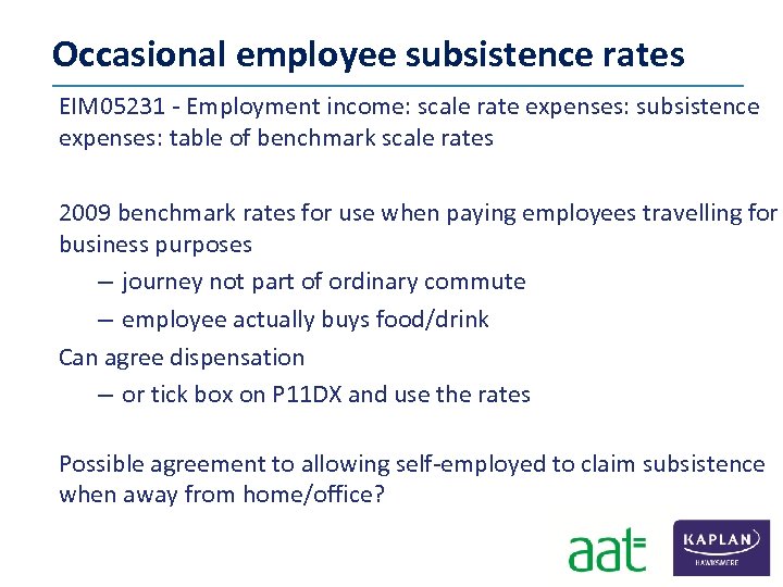 Occasional employee subsistence rates EIM 05231 ‐ Employment income: scale rate expenses: subsistence expenses: