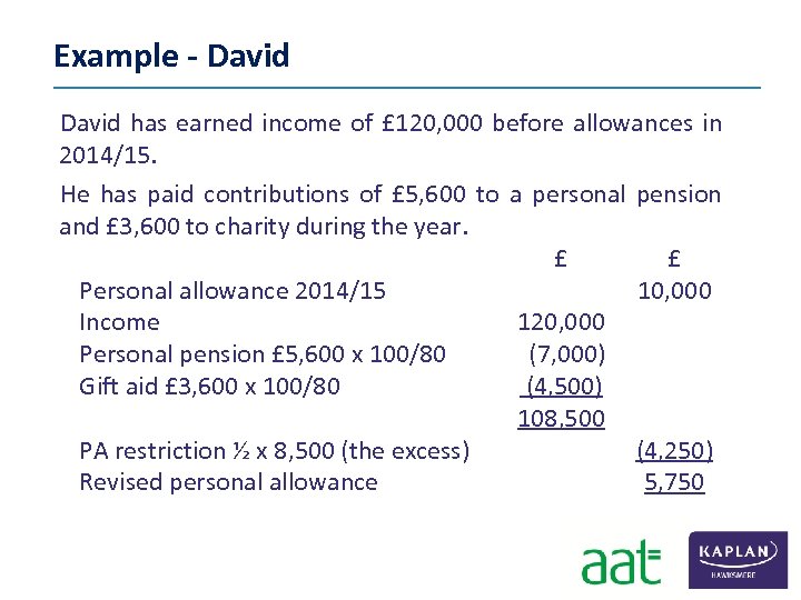 Example - David has earned income of £ 120, 000 before allowances in 2014/15.