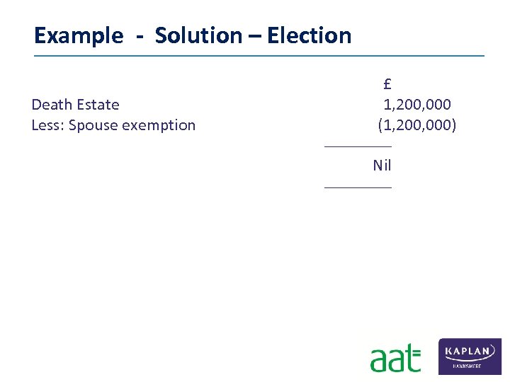 Example - Solution – Election Death Estate Less: Spouse exemption £ 1, 200, 000