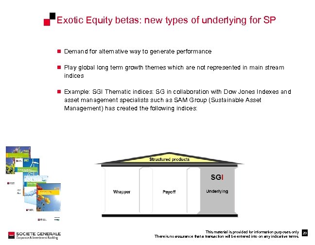 Exotic Equity betas: new types of underlying for SP n Demand for alternative way