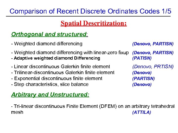 Comparison of Recent Discrete Ordinates Codes 1/5 Spatial Descritization: Orthogonal and structured: - Weighted