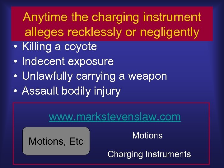 Anytime the charging instrument alleges recklessly or negligently • • Killing a coyote Indecent