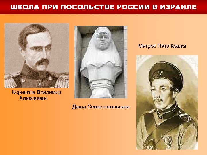 ШКОЛА ПРИ ПОСОЛЬСТВЕ РОССИИ В ИЗРАИЛЕ Матрос Петр Кошка Корнилов Владимир Алексеевич Даша Севастопольская