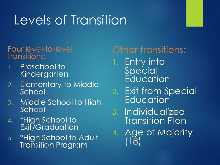 Levels of Transition Four level-to-level transitions: 1. Preschool to Kindergarten 2. Elementary to Middle