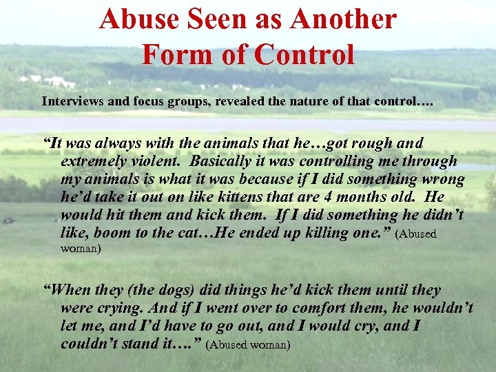 Abuse Seen as Another Form of Control Interviews and focus groups, revealed the nature