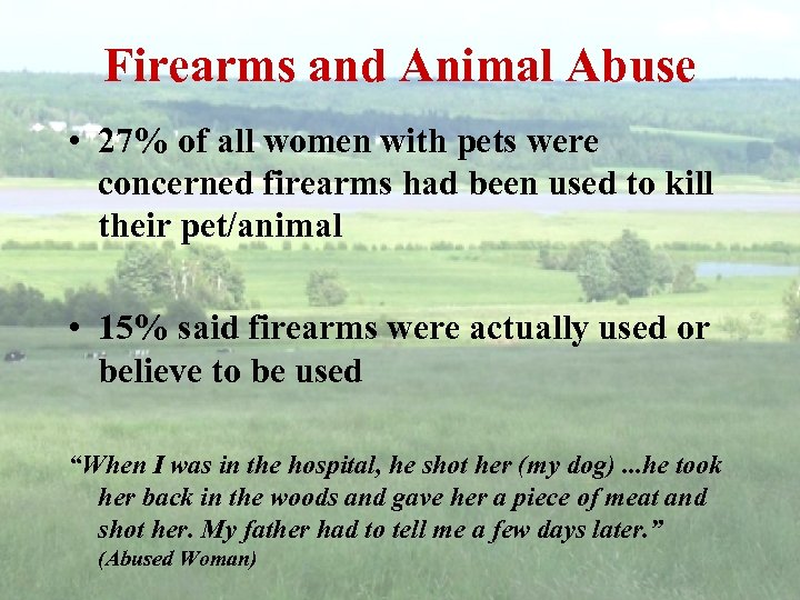 Firearms and Animal Abuse • 27% of all women with pets were concerned firearms