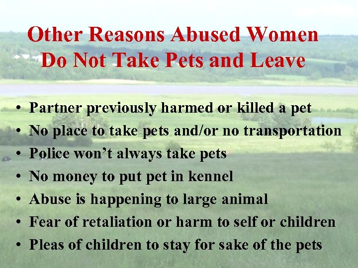 Other Reasons Abused Women Do Not Take Pets and Leave • • Partner previously
