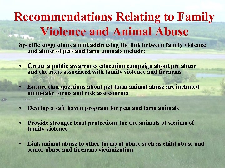 Recommendations Relating to Family Violence and Animal Abuse Specific suggestions about addressing the link