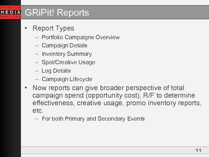 GRi. Pit! Reports • Report Types – – – Portfolio Campaigns Overview Campaign Details