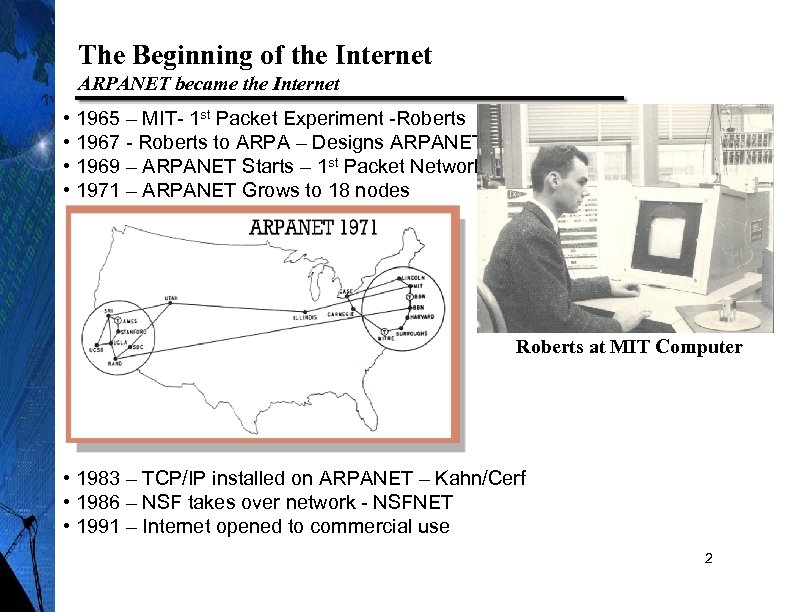 The Beginning of the Internet ARPANET became the Internet • 1965 – MIT- 1