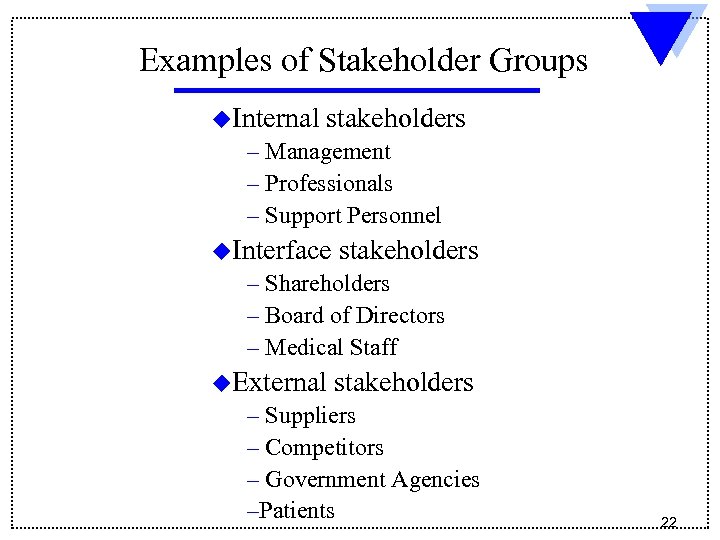 Examples of Stakeholder Groups u. Internal stakeholders – Management – Professionals – Support Personnel