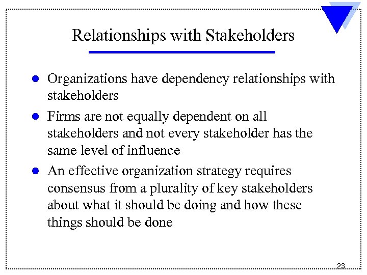 Relationships with Stakeholders l l l Organizations have dependency relationships with stakeholders Firms are