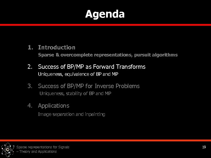 Agenda 1. Introduction Sparse & overcomplete representations, pursuit algorithms 2. Success of BP/MP as