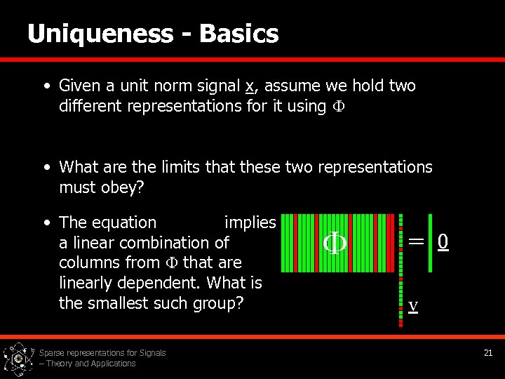 Uniqueness - Basics • Given a unit norm signal x, assume we hold two