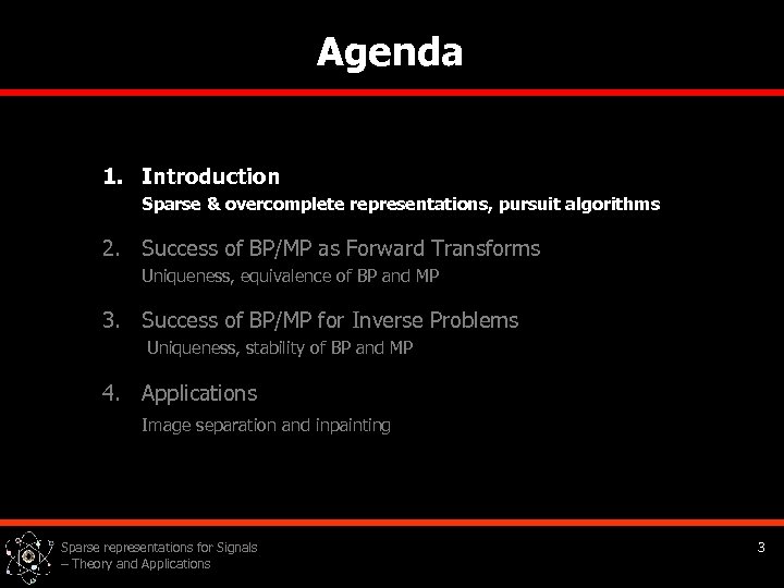 Agenda 1. Introduction Sparse & overcomplete representations, pursuit algorithms 2. Success of BP/MP as