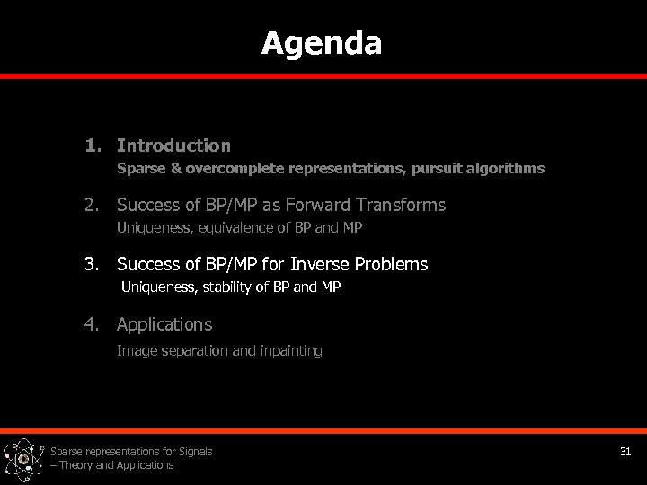 Agenda 1. Introduction Sparse & overcomplete representations, pursuit algorithms 2. Success of BP/MP as