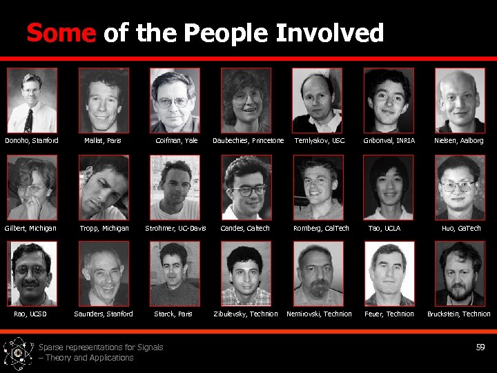 Some of the People Involved Donoho, Stanford Mallat, Paris Coifman, Yale Gilbert, Michigan Tropp,