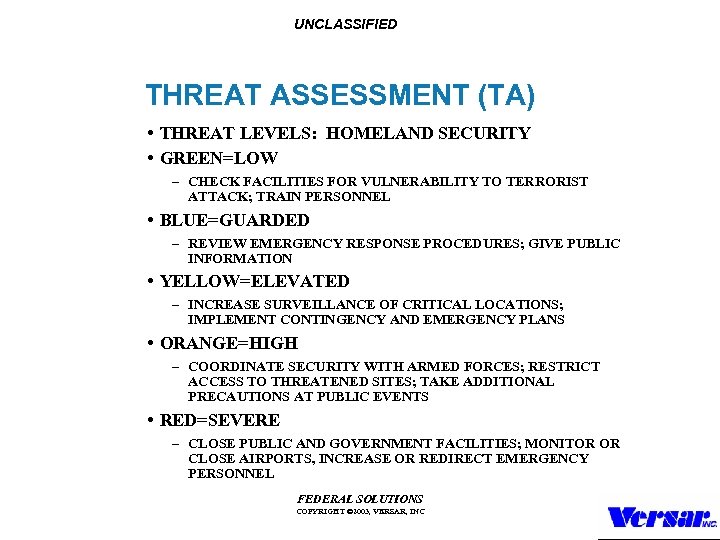 UNCLASSIFIED THREAT ASSESSMENT (TA) • THREAT LEVELS: HOMELAND SECURITY • GREEN=LOW – CHECK FACILITIES
