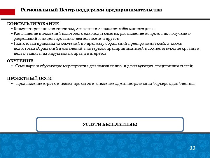 Региональный Центр поддержки предпринимательства КОНСУЛЬТИРОВАНИЕ • Консультирование по вопросам, связанным с началом собственного дела;