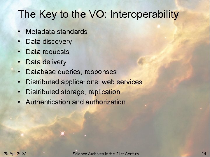 The Key to the VO: Interoperability • • Metadata standards Data discovery Data requests