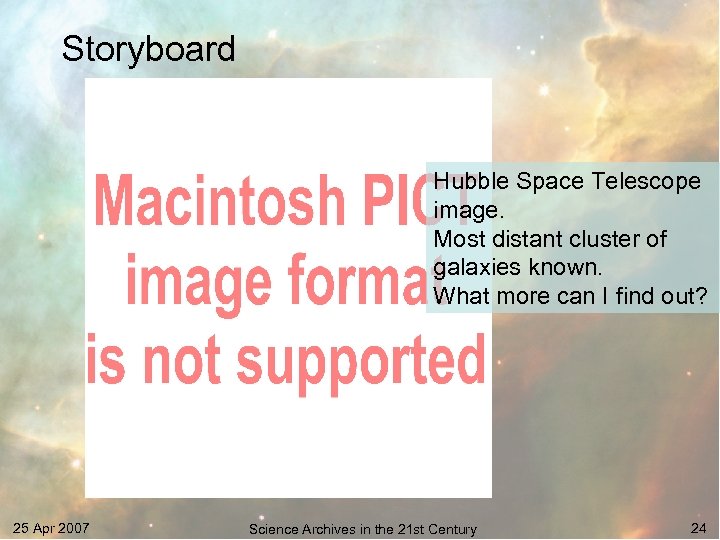 Storyboard Hubble Space Telescope image. Most distant cluster of galaxies known. What more can