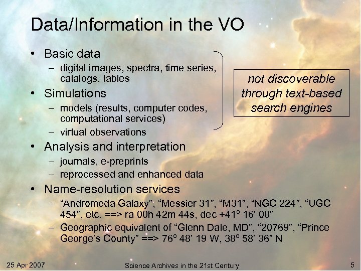 Data/Information in the VO • Basic data – digital images, spectra, time series, catalogs,