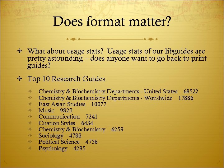 Does format matter? What about usage stats? Usage stats of our libguides are pretty