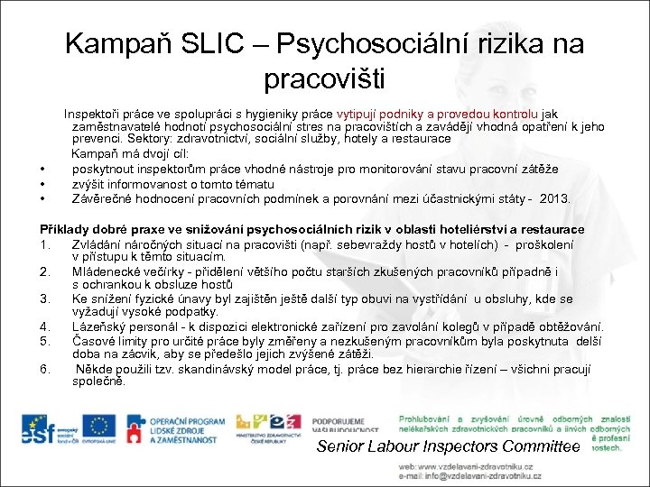 Kampaň SLIC – Psychosociální rizika na pracovišti Inspektoři práce ve spolupráci s hygieniky práce