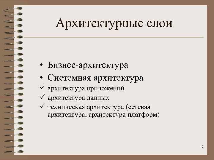 Архитектурные слои • Бизнес-архитектура • Системная архитектура ü архитектура приложений ü архитектура данных ü