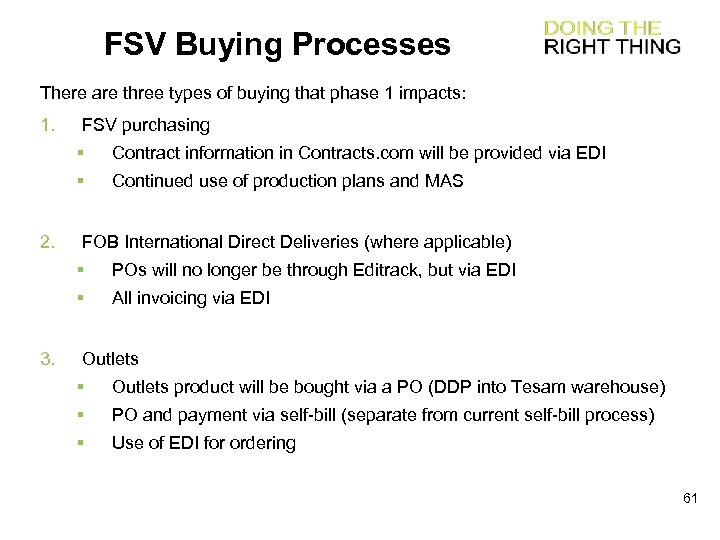 FSV Buying Processes There are three types of buying that phase 1 impacts: 1.