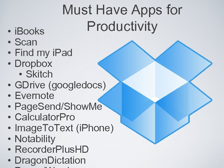  • • • Must Have Apps for Productivity i. Books Scan Find my