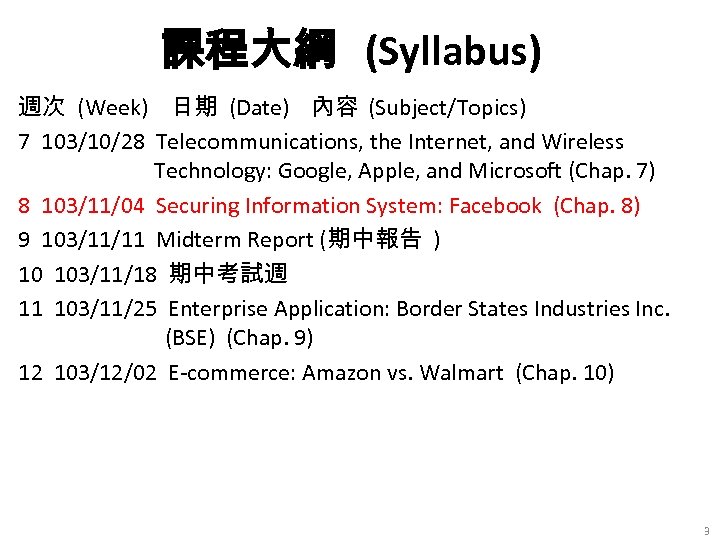 課程大綱 (Syllabus) 週次 (Week) 日期 (Date) 內容 (Subject/Topics) 7 103/10/28 Telecommunications, the Internet, and