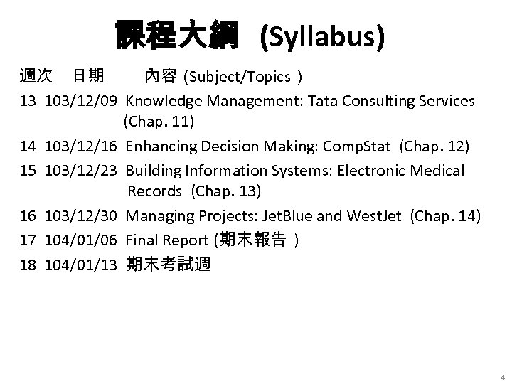 課程大綱 (Syllabus) 週次 日期 內容（ Subject/Topics） 13 103/12/09 Knowledge Management: Tata Consulting Services (Chap.