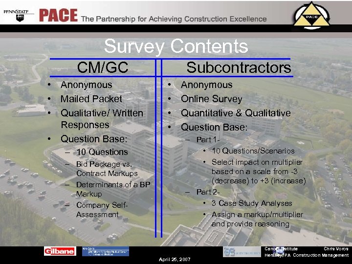 Survey Contents CM/GC • Anonymous • Mailed Packet • Qualitative/ Written Responses • Question