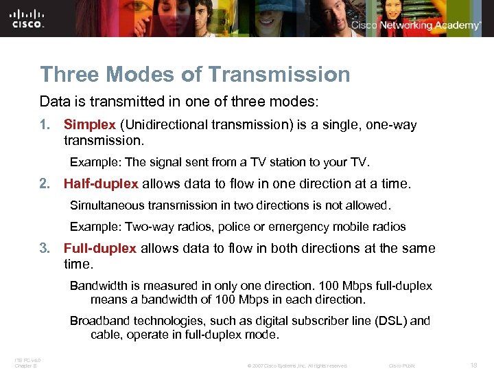 Three Modes of Transmission Data is transmitted in one of three modes: 1. Simplex