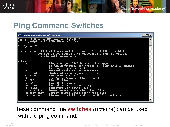 Ping Command Switches These command line switches (options) can be used with the ping